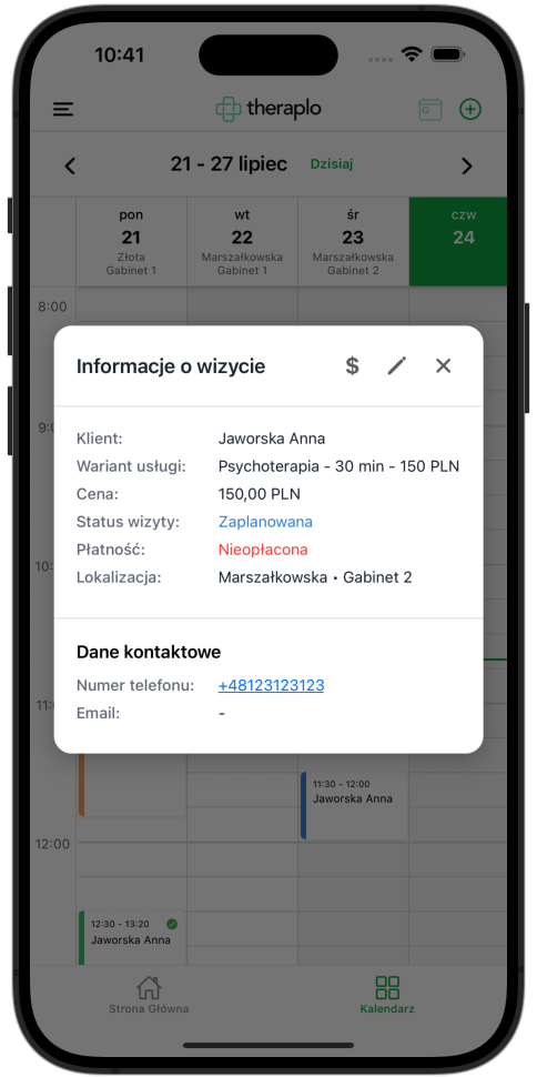 Szczegóły wizyty w aplikacji dla terapeuty Theraplo