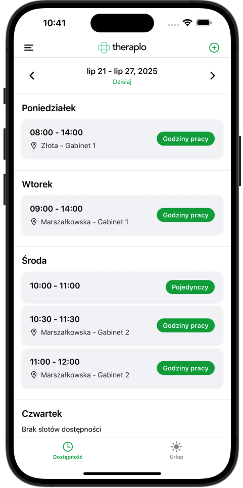 Widok agendy dnia w oprogramowaniu dla gabinetu