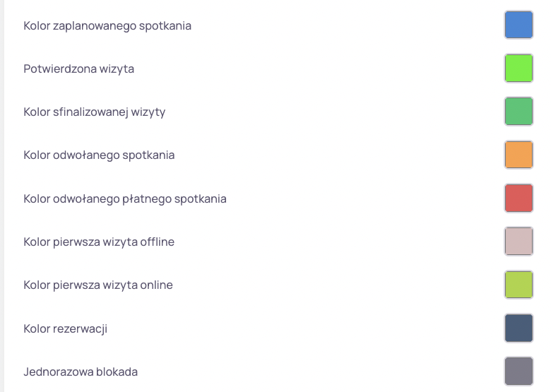 Ustawienia kolorów statusów wizyt w Theraplo - zaplanowana, potwierdzona, sfinalizowana, odwołana, pierwsza wizyta offline i online, rezerwacja oraz jednorazowa blokada