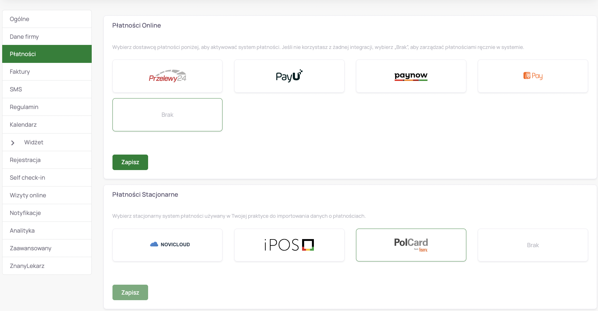 Panel płatności w Theraplo - wybór bramki płatności online (Przelewy24, PayU, paynow, ING Pay) oraz płatności stacjonarnych (NOVICLOUD, iPOS, PolCard)