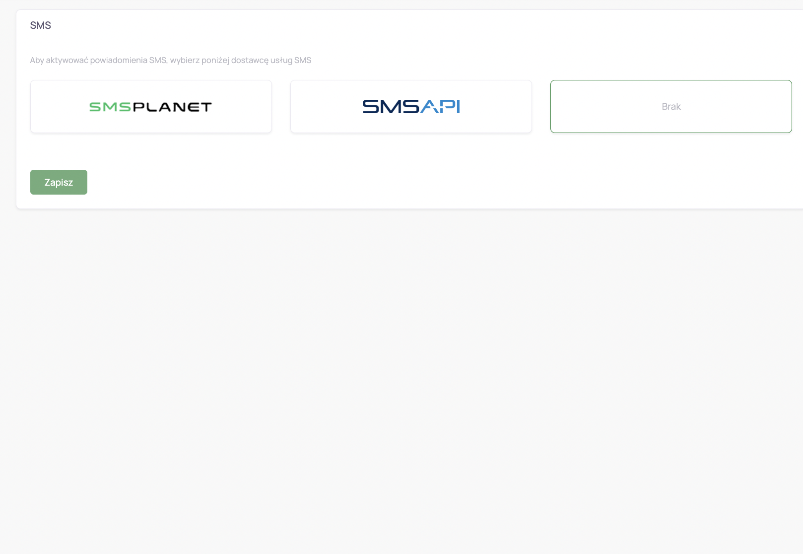 Panel wyboru dostawcy SMS w Theraplo: SMSPlanet, SMSAPI lub brak integracji